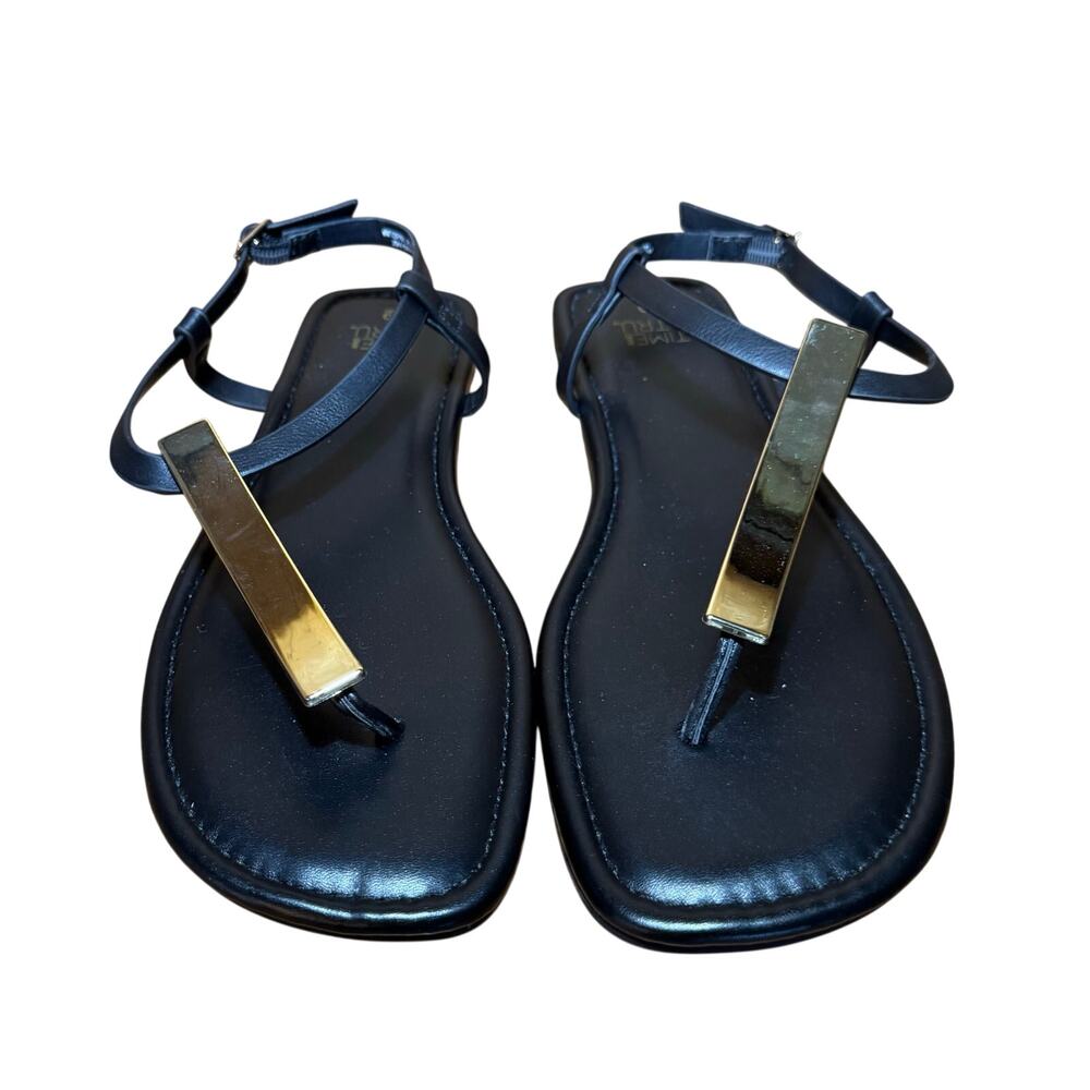 Time and Tru Women’s Black T-Strap Sandals Size 9 Gold Bar Accent Memory Foam
